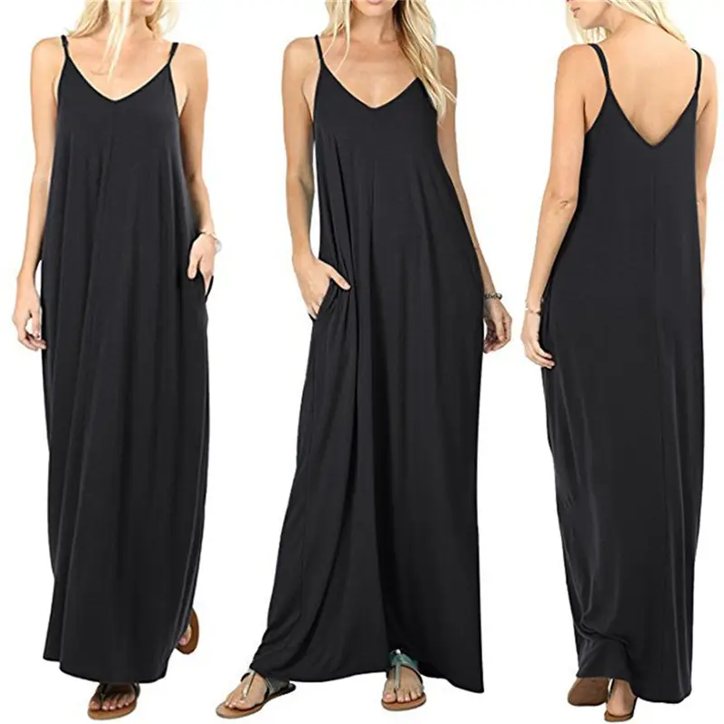 Blue Loose Sleeveless V-Neck Dress for Women