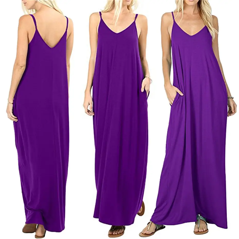 Blue Loose Sleeveless V-Neck Dress for Women