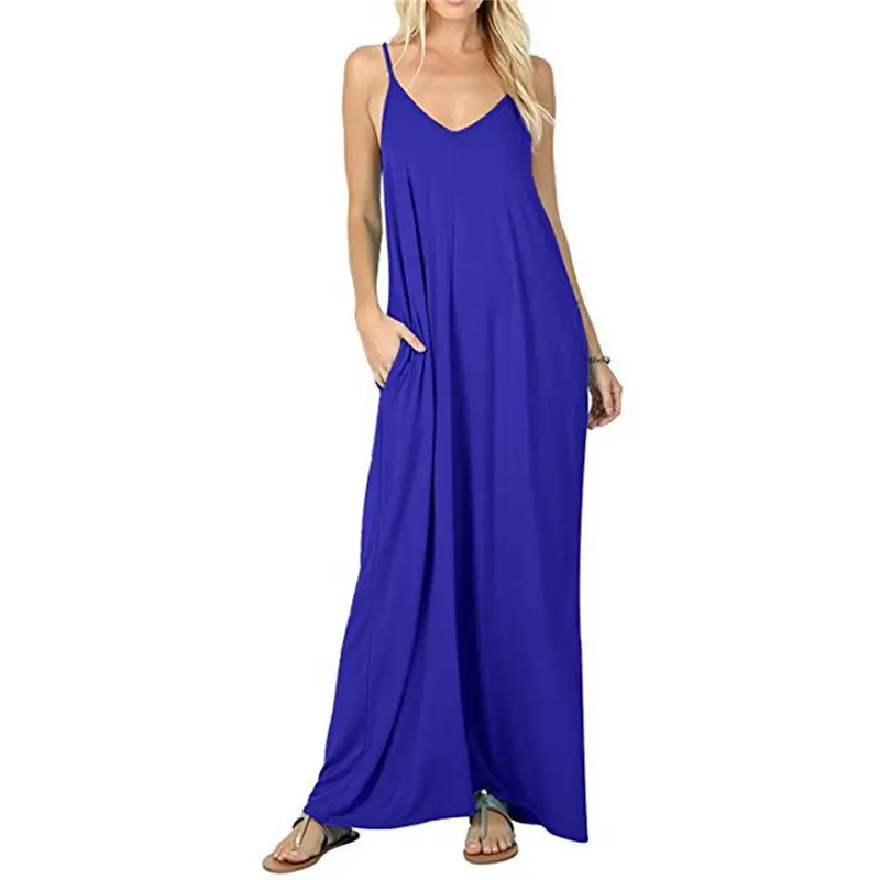 Blue Loose Sleeveless V-Neck Dress for Women