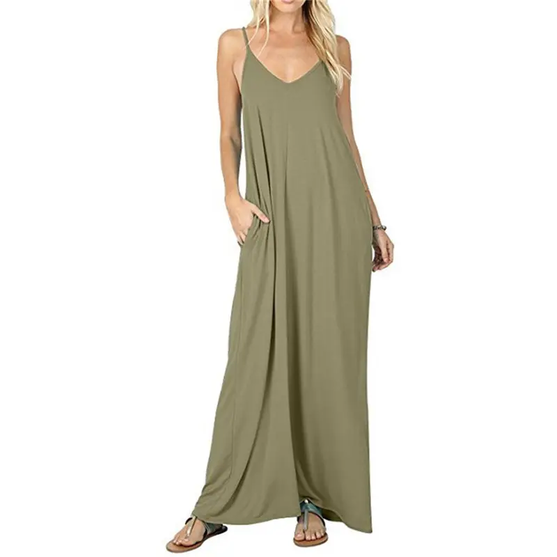 Blue Loose Sleeveless V-Neck Dress for Women