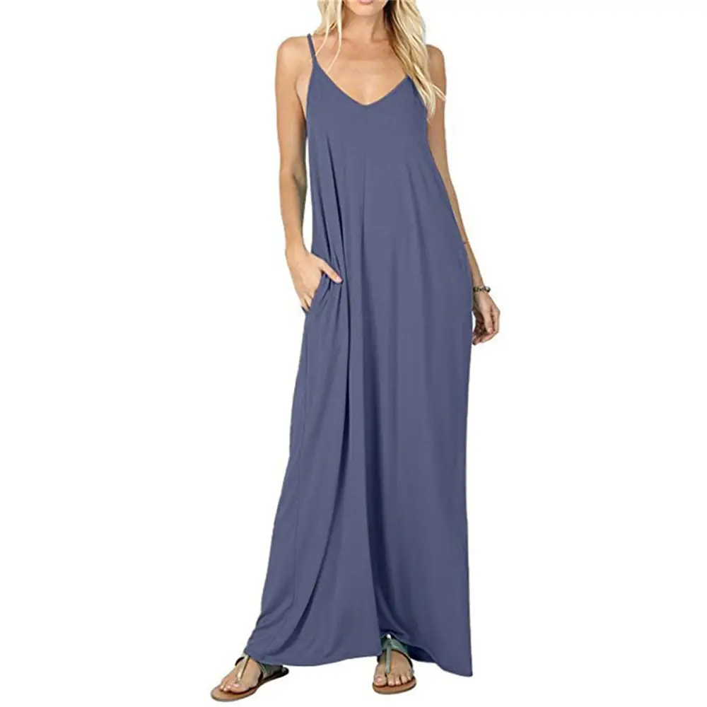 Blue Loose Sleeveless V-Neck Dress for Women