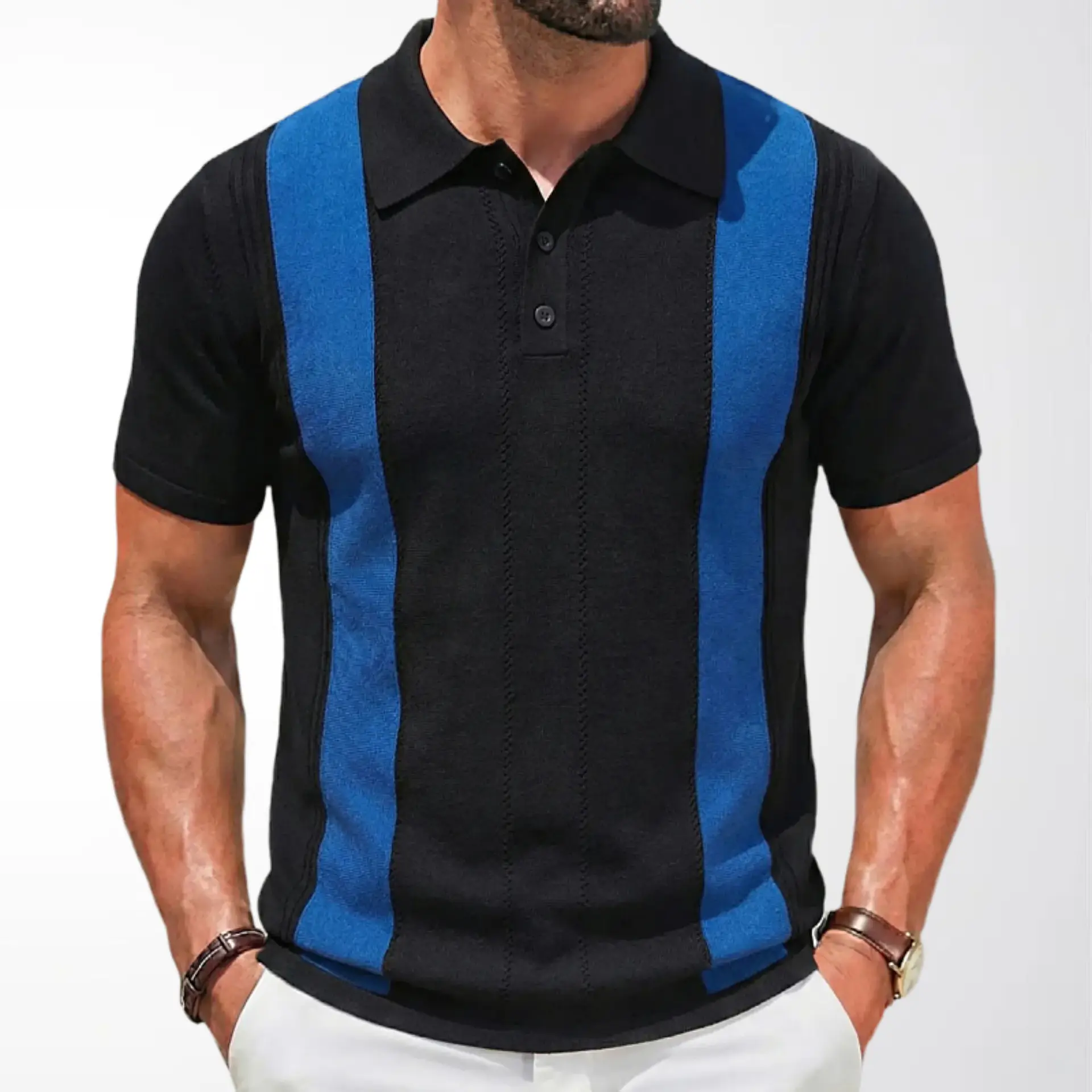 Men White Blue Striped Slim Fit Polo Shirt - Image 9