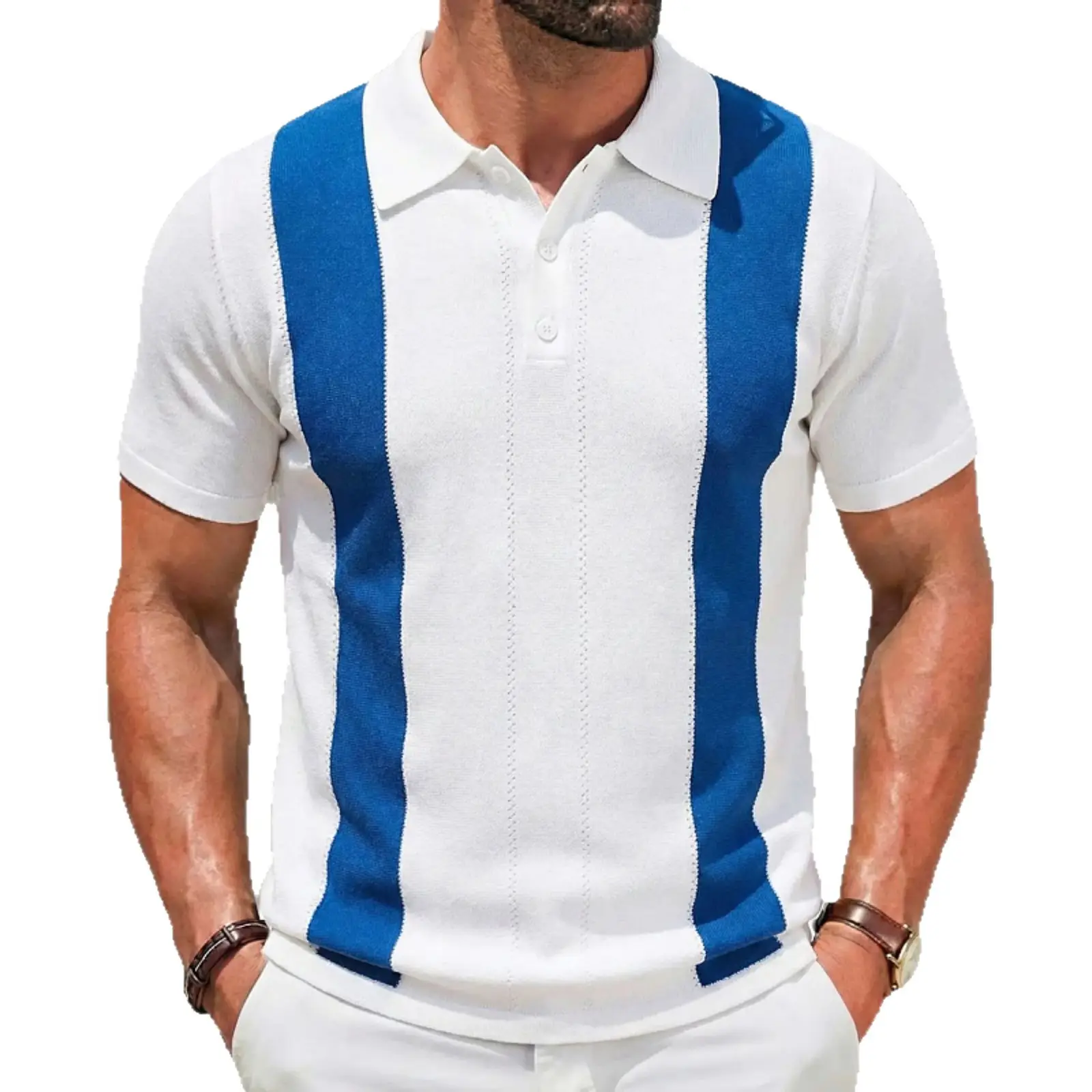 Men White Blue Striped Slim Fit Polo Shirt - Image 11