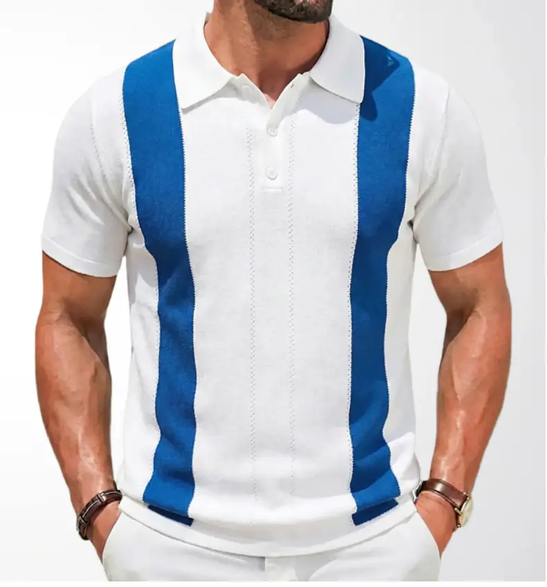 Men White Blue Striped Slim Fit Polo Shirt — feature 1