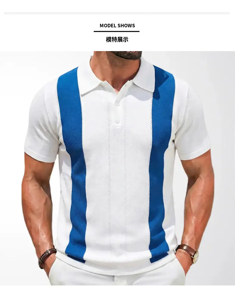 Men White Blue Striped Slim Fit Polo Shirt — feature 5