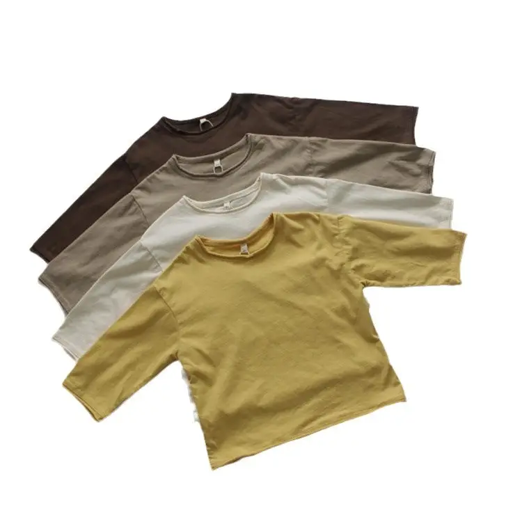 2026 Kids Cotton T-Shirts Spring Loose Round Neck Solid Color