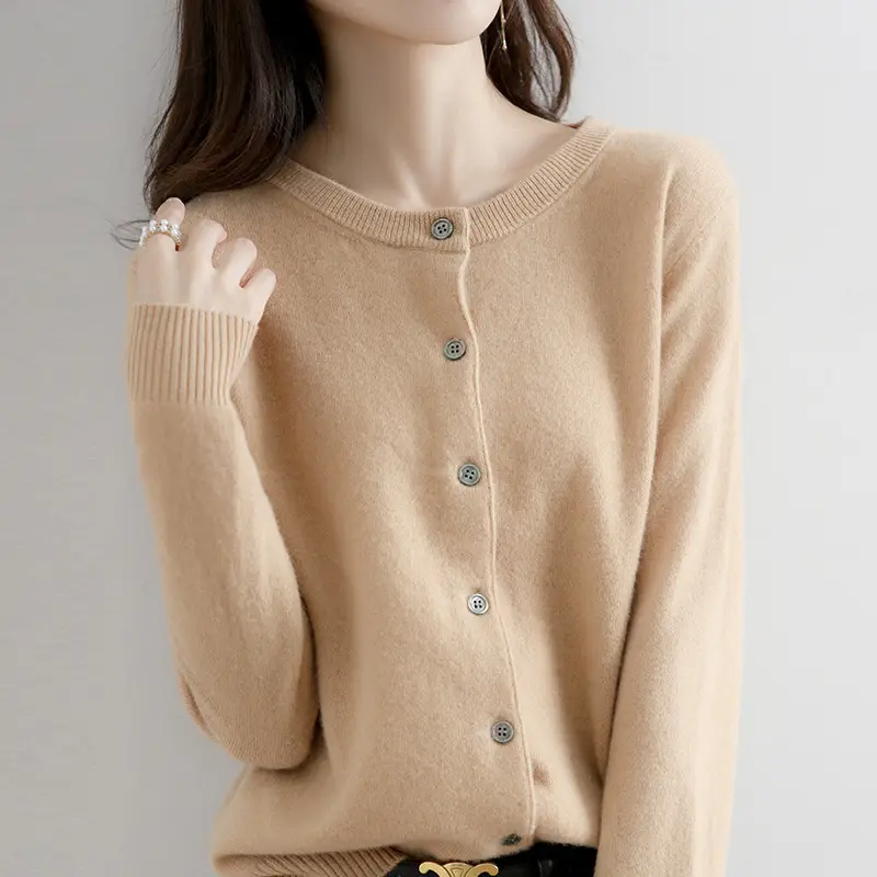 Women's 2025 Knitted Cardigan White Round Neck Short Wool - Image 12