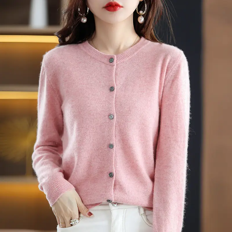 Women's 2025 Knitted Cardigan White Round Neck Short Wool - Image 2