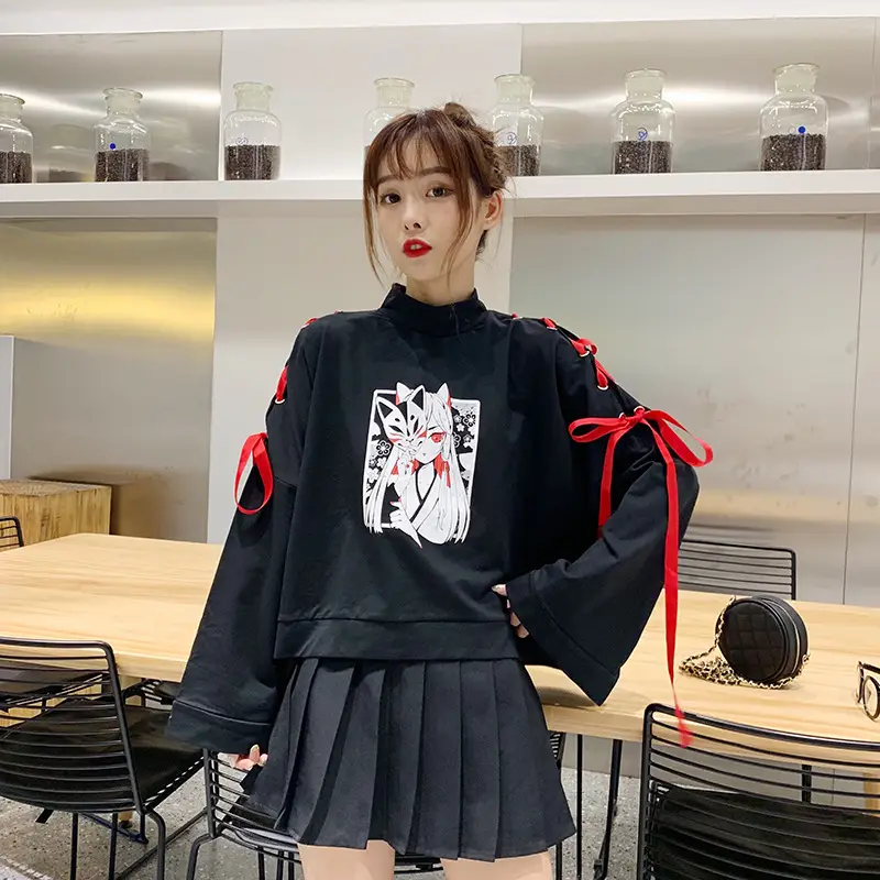 Japanese Style Black Graphic Sweatshirt Set for Girls 2025 - Image 3