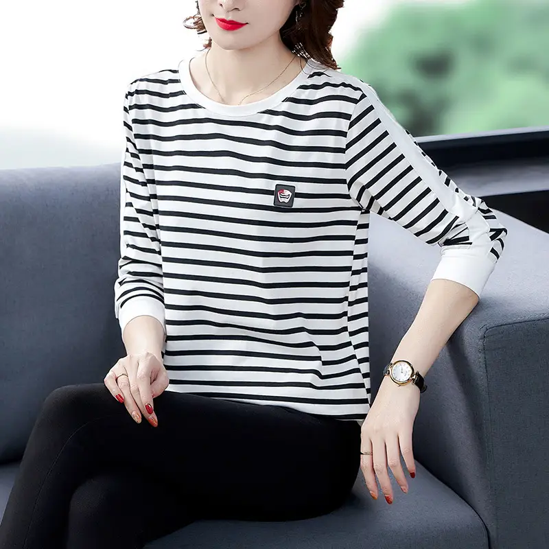 Women Long Sleeve Striped T-Shirt Cotton Mother's Size - Image 5