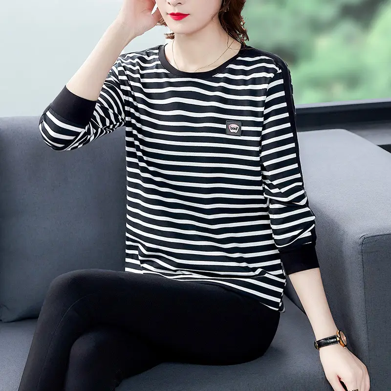 Women Long Sleeve Striped T-Shirt Cotton Mother's Size - Image 6