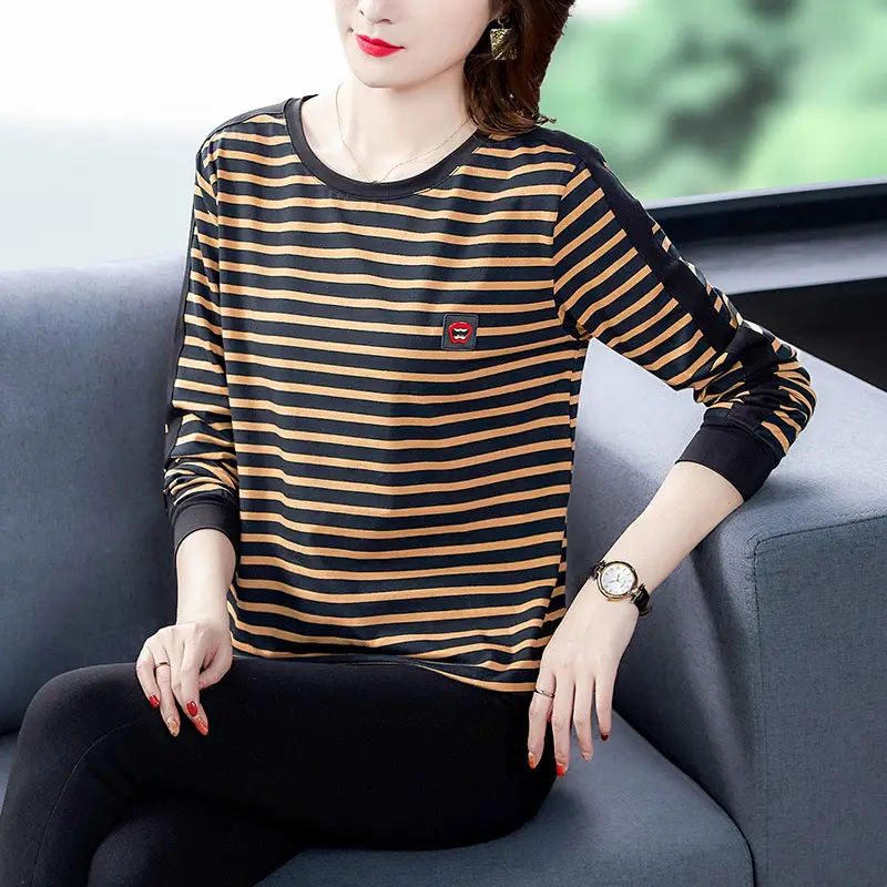 Women Long Sleeve Striped T-Shirt Cotton Mother's Size - Image 7