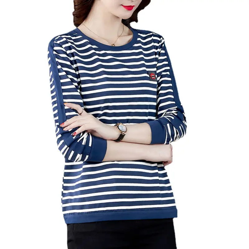 Women Long Sleeve Striped T-Shirt Cotton Mother's Size - Image 8