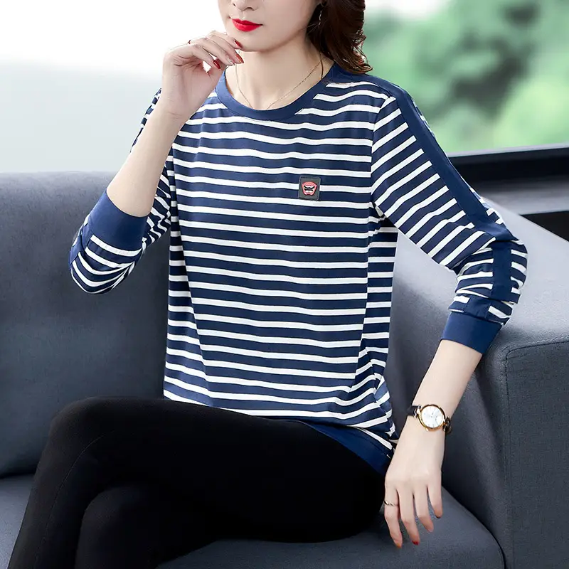 Women Long Sleeve Striped T-Shirt Cotton Mother's Size - Image 2