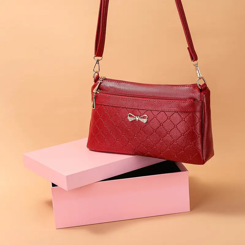 Red Quilted Bow Shoulder Bag for Women - Image 4