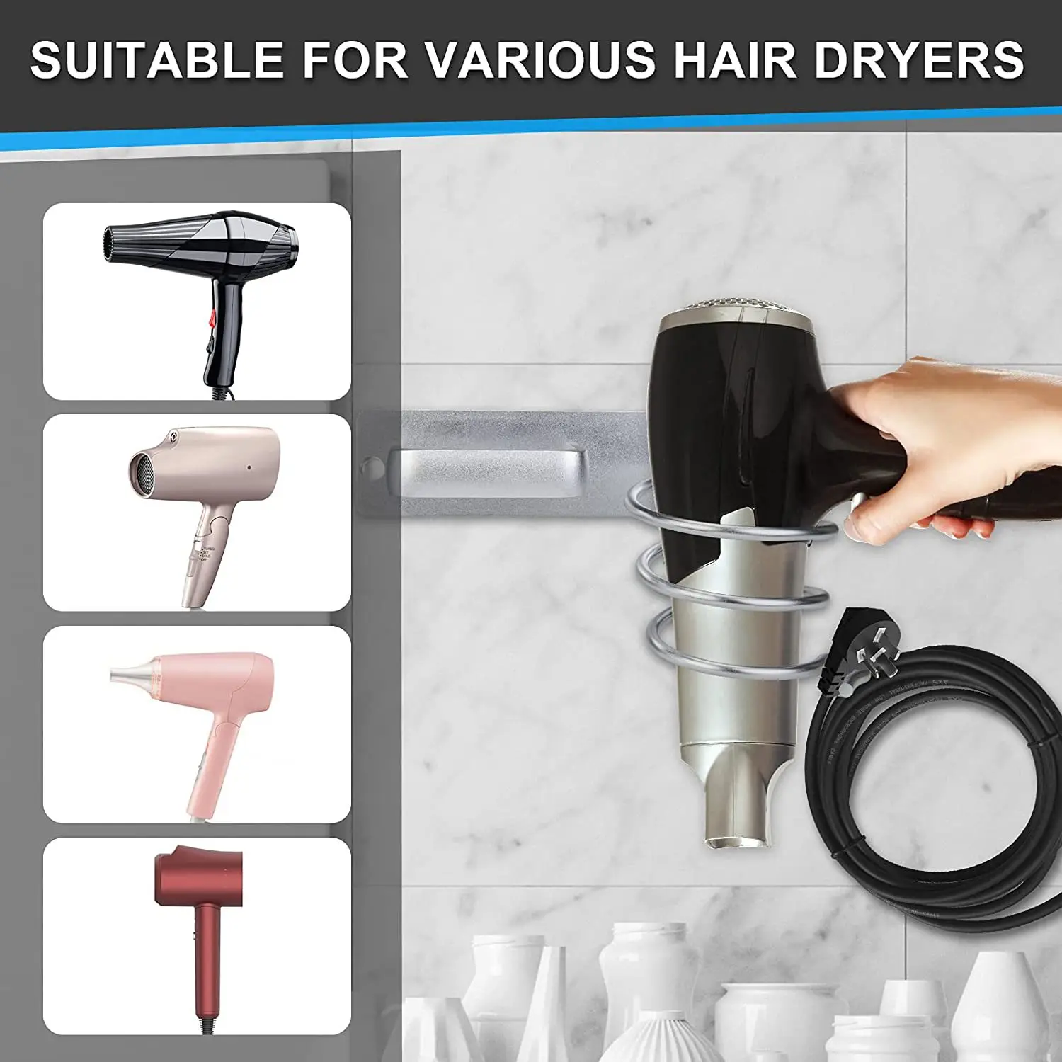 Wall-Mounted Hair Dryer Holder with No Drilling Design — feature 3