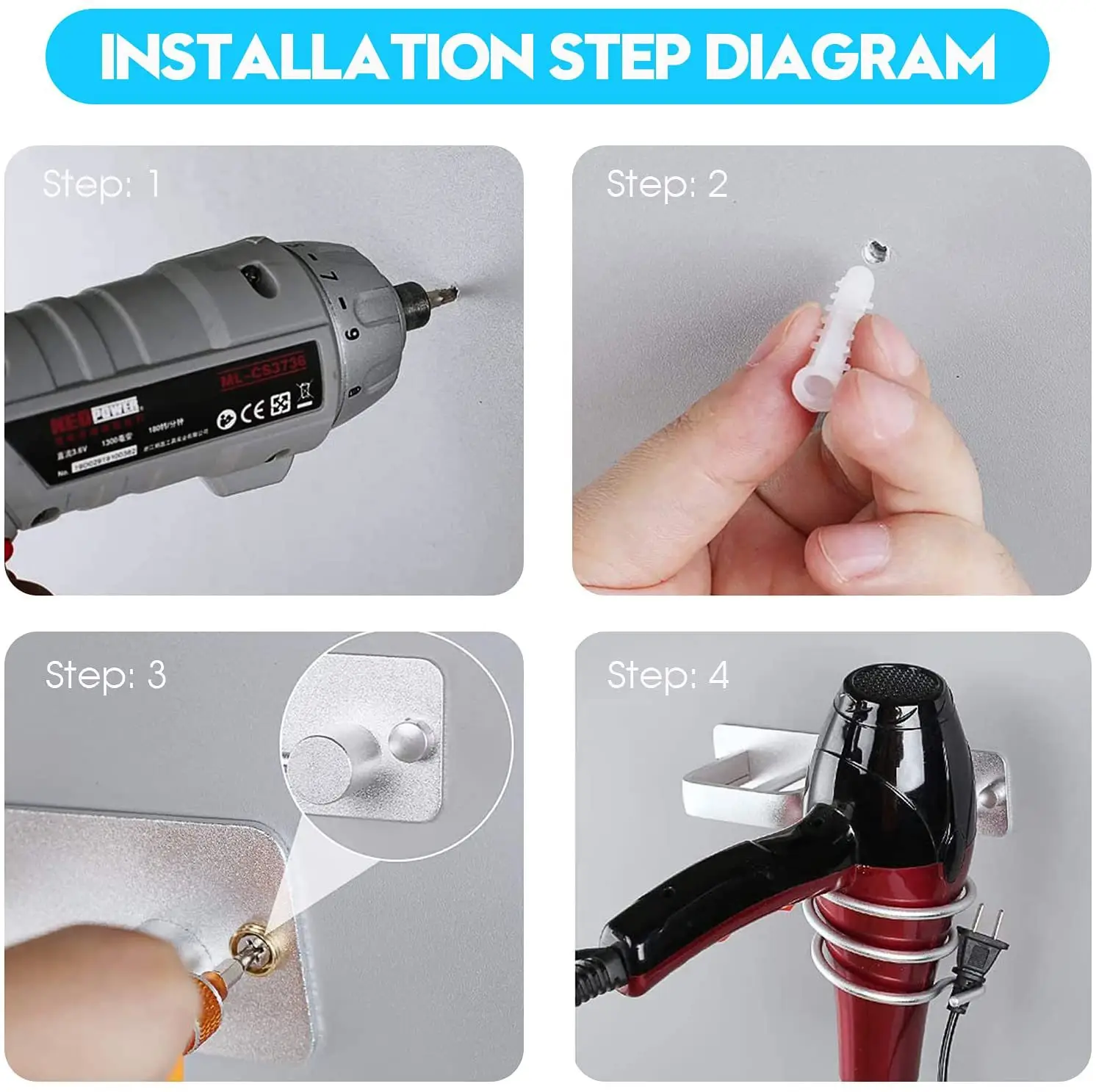Wall-Mounted Hair Dryer Holder with No Drilling Design — feature 9
