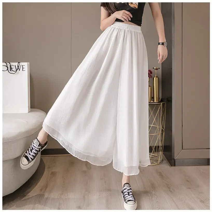Double Layer Chiffon Wide Leg Pants Black White - Image 4