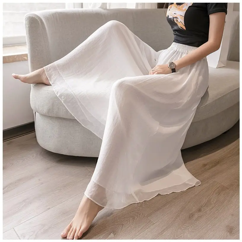 Double Layer Chiffon Wide Leg Pants Black White - Image 6