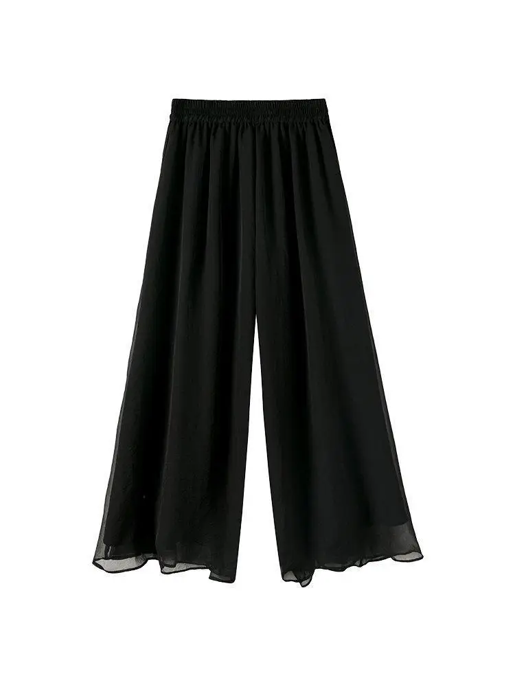 Double Layer Chiffon Wide Leg Pants Black White - Image 7