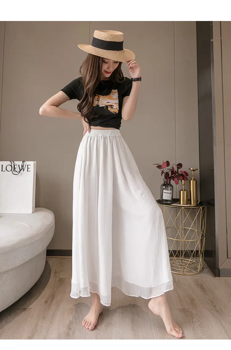 Double Layer Chiffon Wide Leg Pants Black White — feature 30