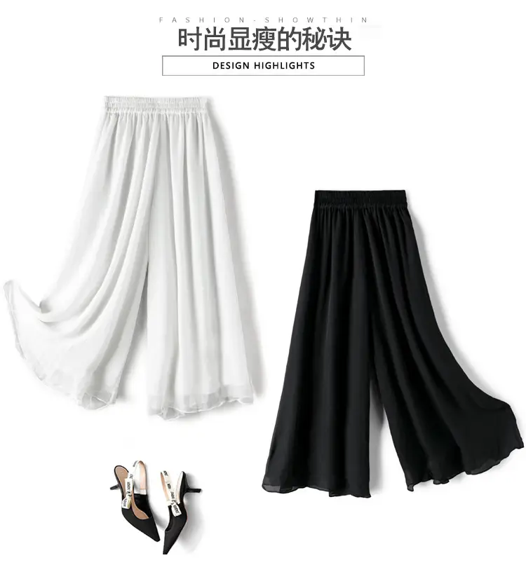 Double Layer Chiffon Wide Leg Pants Black White — feature 6