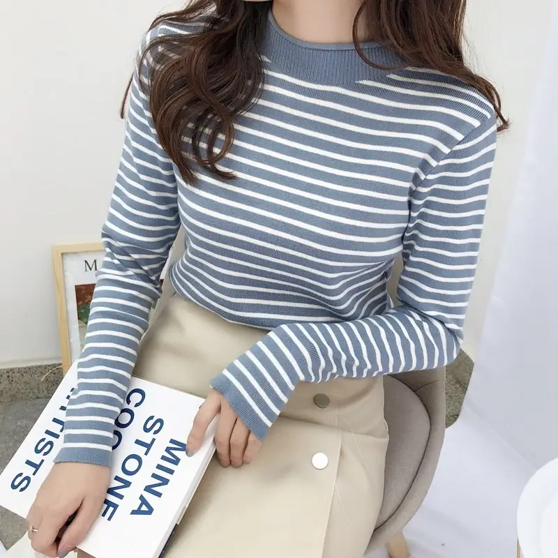 Women Striped Knit Turtleneck Pullover Set - Image 9