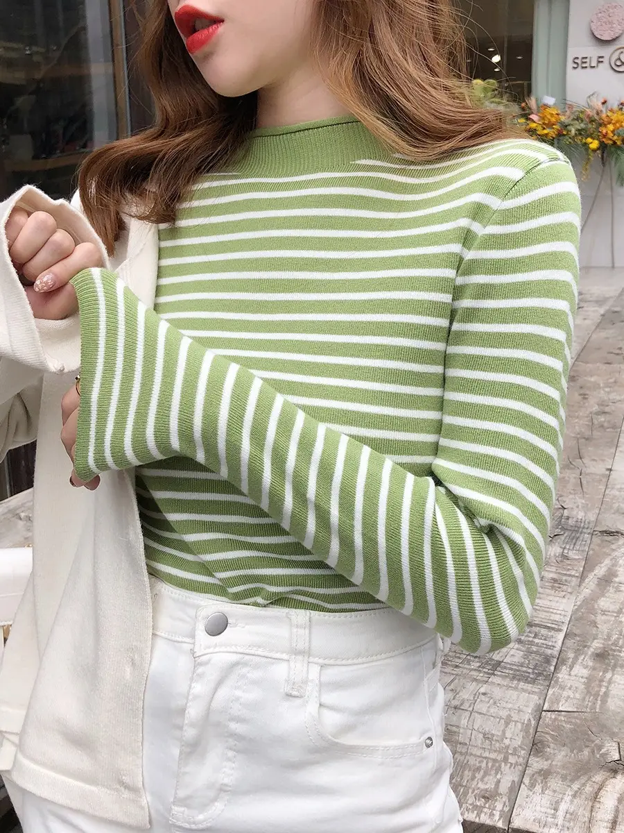 Women Striped Knit Turtleneck Pullover Set - Image 3