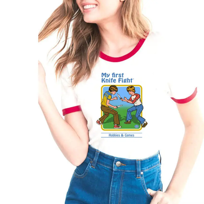 Women's Evil Science Cartoon T-Shirt with Red Trim