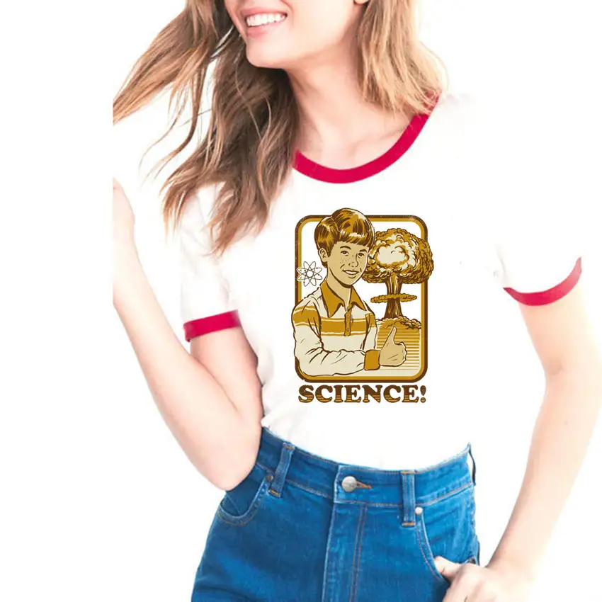 Women's Evil Science Cartoon T-Shirt with Red Trim