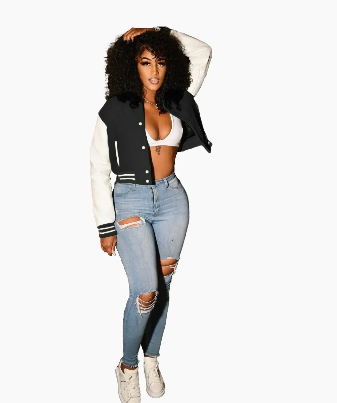 Cross-Border Bomber Jacket Black White Denim Jeans Winter - Image 6