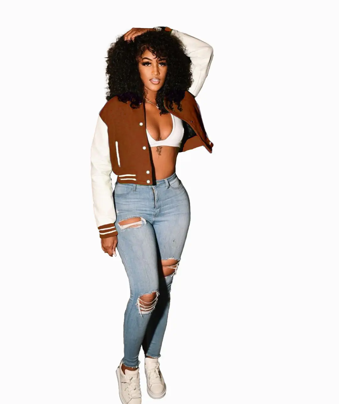 Cross-Border Bomber Jacket Black White Denim Jeans Winter - Image 8