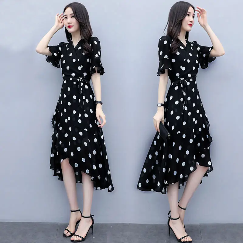 Black Polka Dot Waist Slimming Dress for Women - Image 4