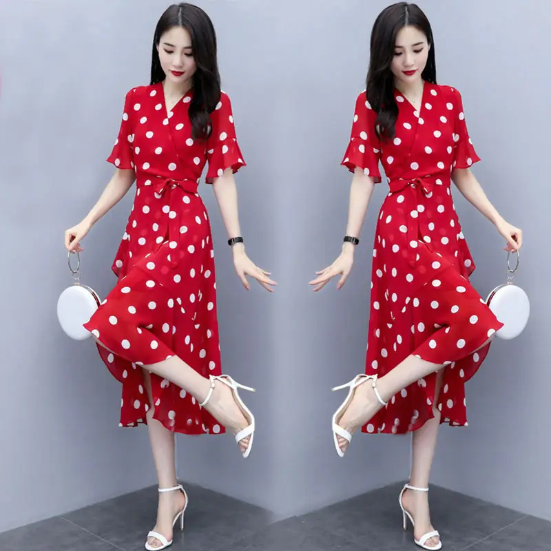 Black Polka Dot Waist Slimming Dress for Women - Image 6