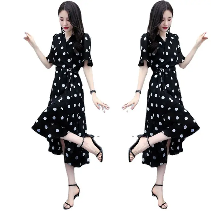 Black Polka Dot Waist Slimming Dress for Women - Image 7
