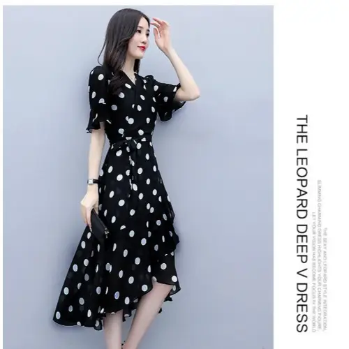 Black Polka Dot Waist Slimming Dress for Women - Image 2