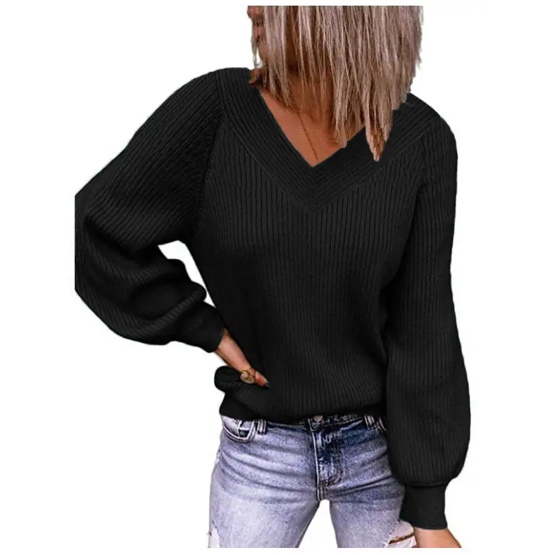 2023 Women's Grey Ribbed V-Neck Sweater Large - Image 4