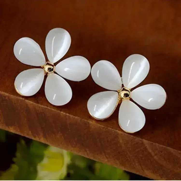 Korean Cat's Eye Flower Earrings White 5 Petal - Image 5