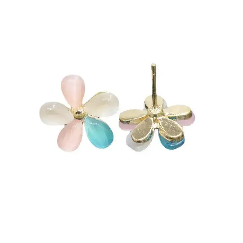 Korean Cat's Eye Flower Earrings White 5 Petal - Image 7