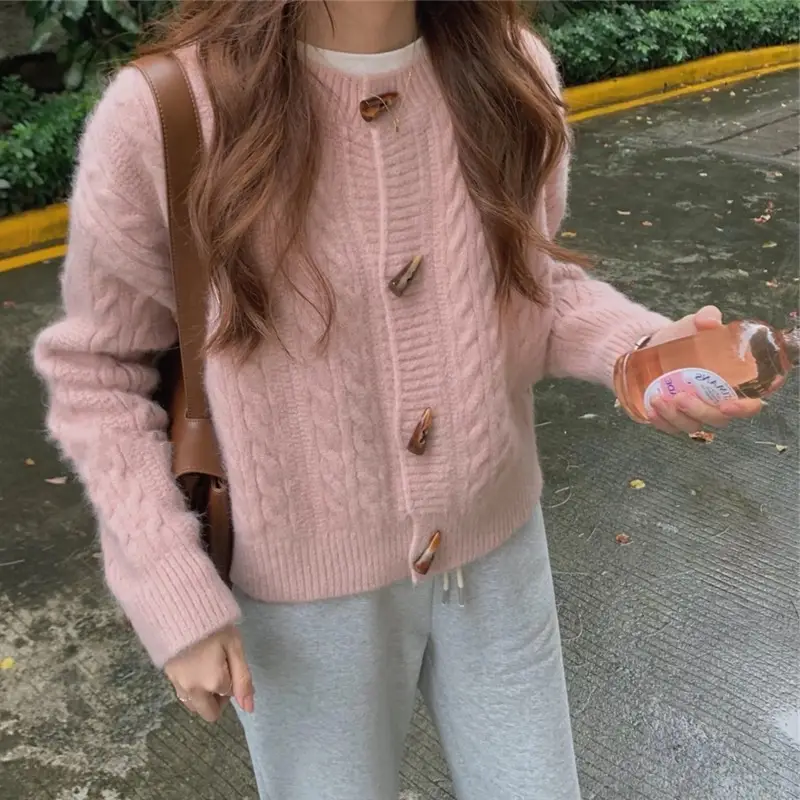 Japanese Style Horn Button Knitted Cardigan Jacket for Women