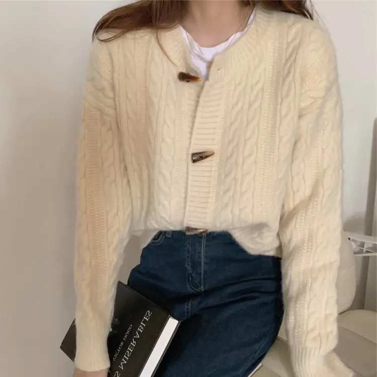 Japanese Style Horn Button Knitted Cardigan Jacket for Women