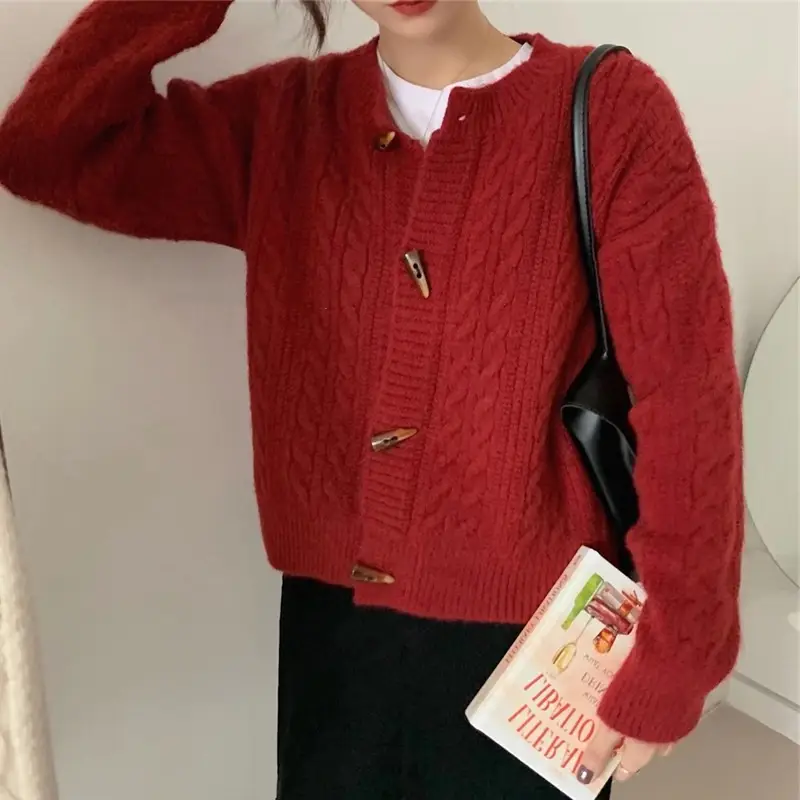 Japanese Style Horn Button Knitted Cardigan Jacket for Women