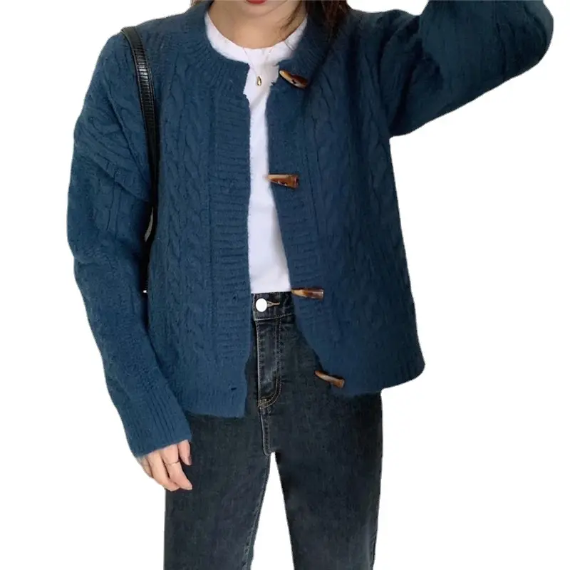 Japanese Style Horn Button Knitted Cardigan Jacket for Women