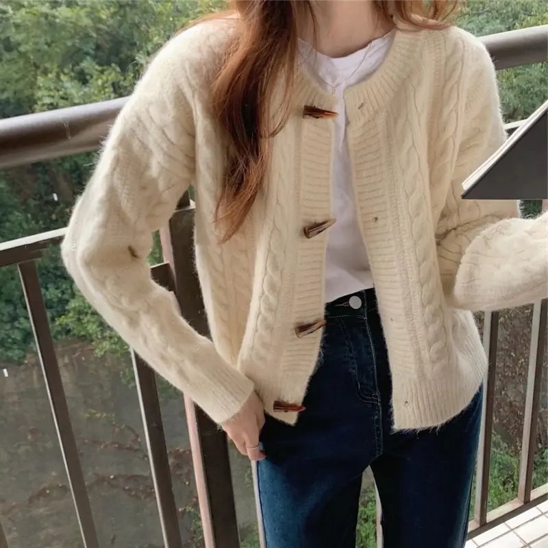 Japanese Style Horn Button Knitted Cardigan Jacket for Women