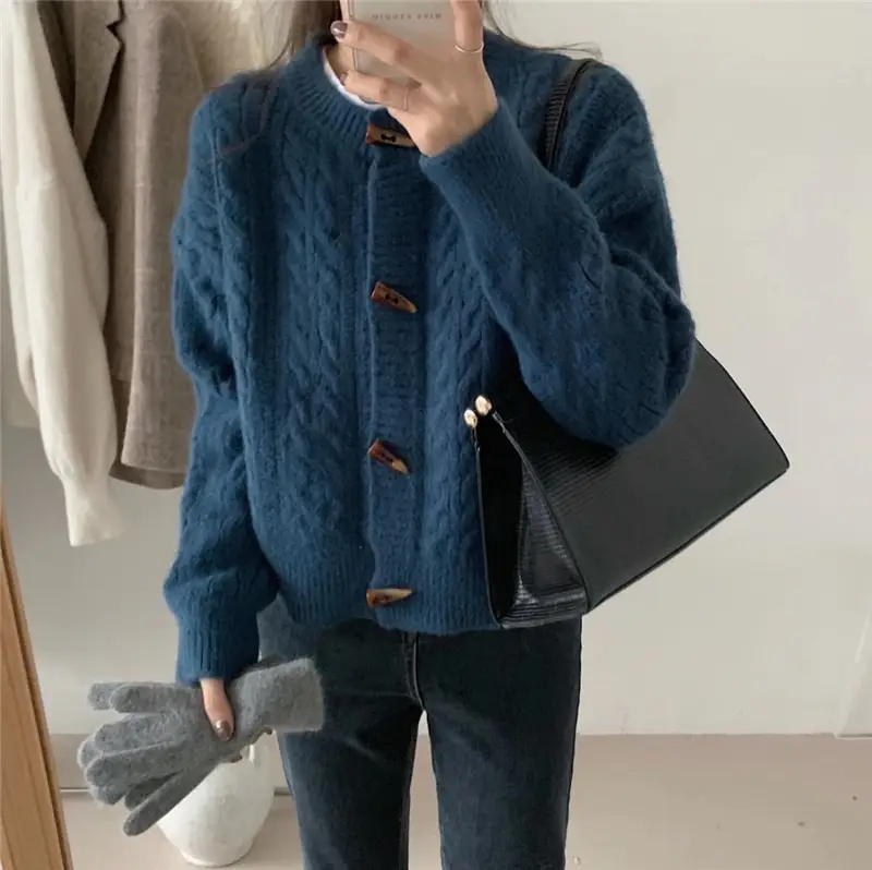 Japanese Style Horn Button Knitted Cardigan Jacket for Women