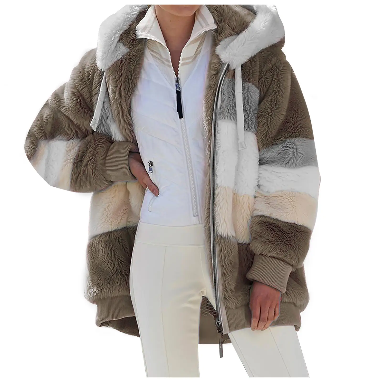Women Hooded Plush Coat Green White Patchwork Zipper - Image 11