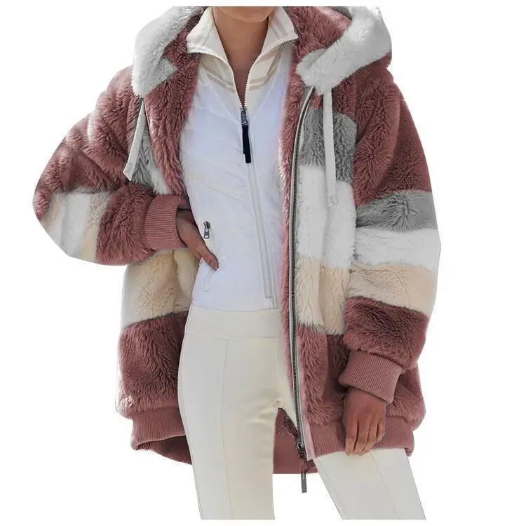 Women Hooded Plush Coat Green White Patchwork Zipper - Image 12
