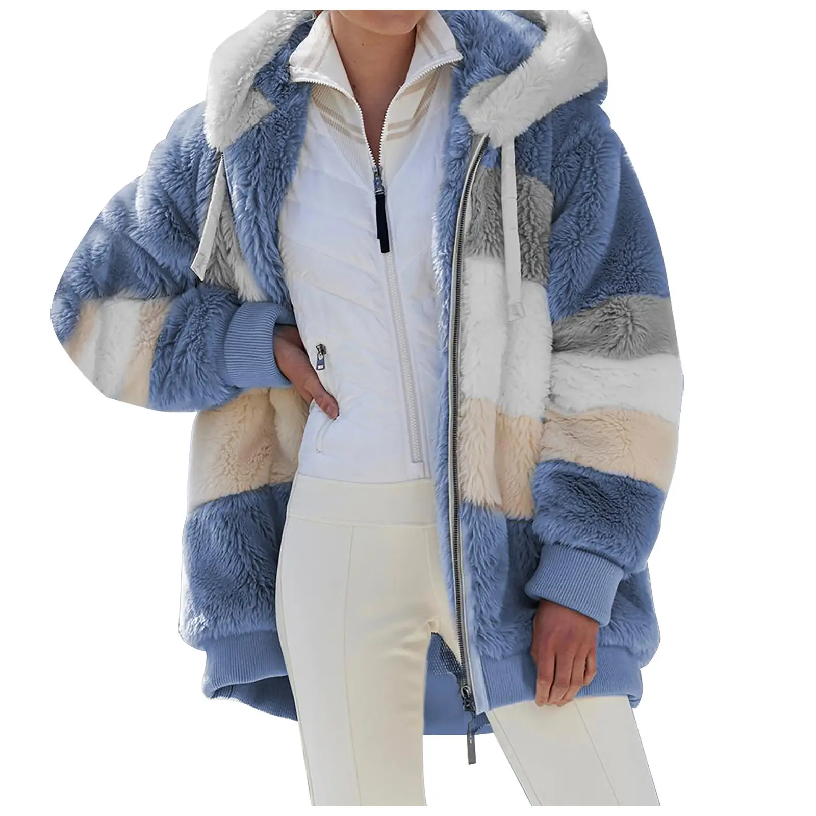 Women Hooded Plush Coat Green White Patchwork Zipper - Image 13