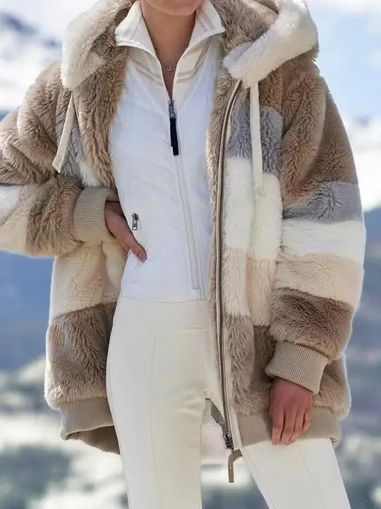 Women Hooded Plush Coat Green White Patchwork Zipper - Image 3