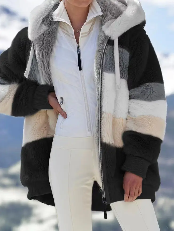 Women Hooded Plush Coat Green White Patchwork Zipper - Image 5